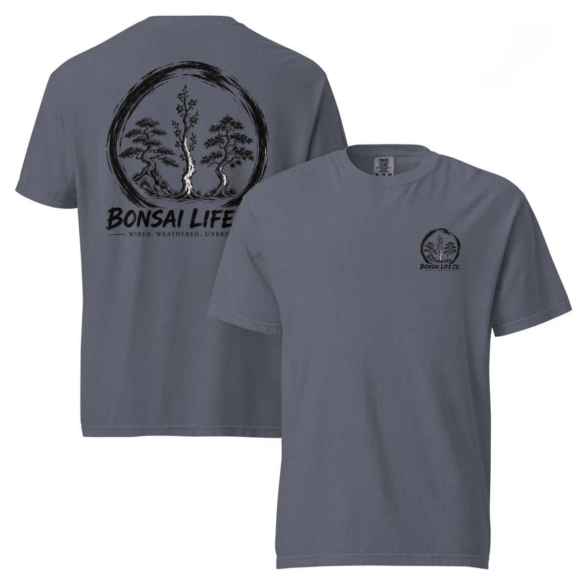 Front and back of slate blue T-shirt with small circular Three Trees chest logo and large black Three Trees circle and Bonsai Life Co. lettering on back