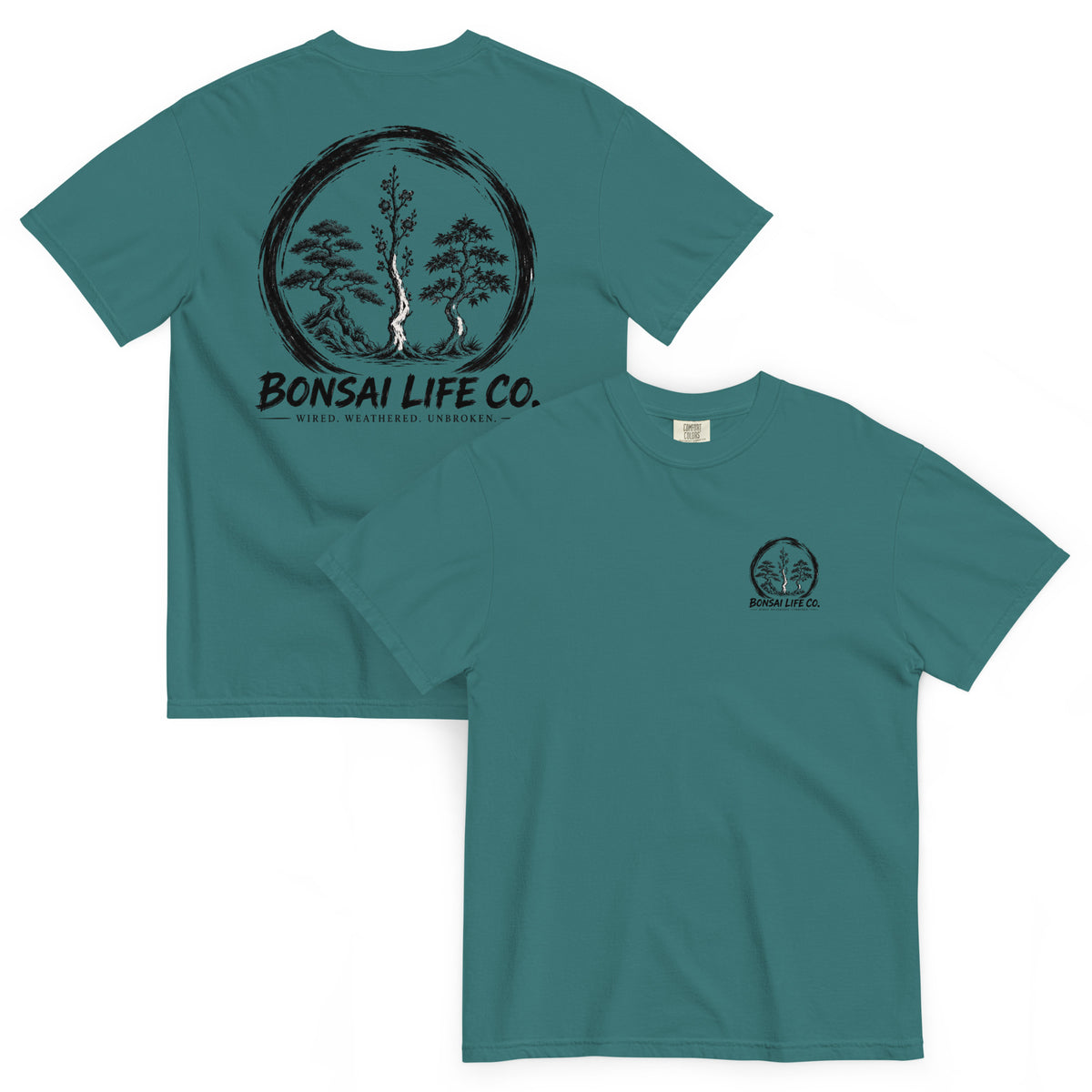Front and back of teal green T-shirt with small circular Three Trees chest logo and large black Three Trees circle and Bonsai Life Co. lettering on back