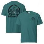 Front and back of teal green T-shirt with small circular Three Trees chest logo and large black Three Trees circle and Bonsai Life Co. lettering on back