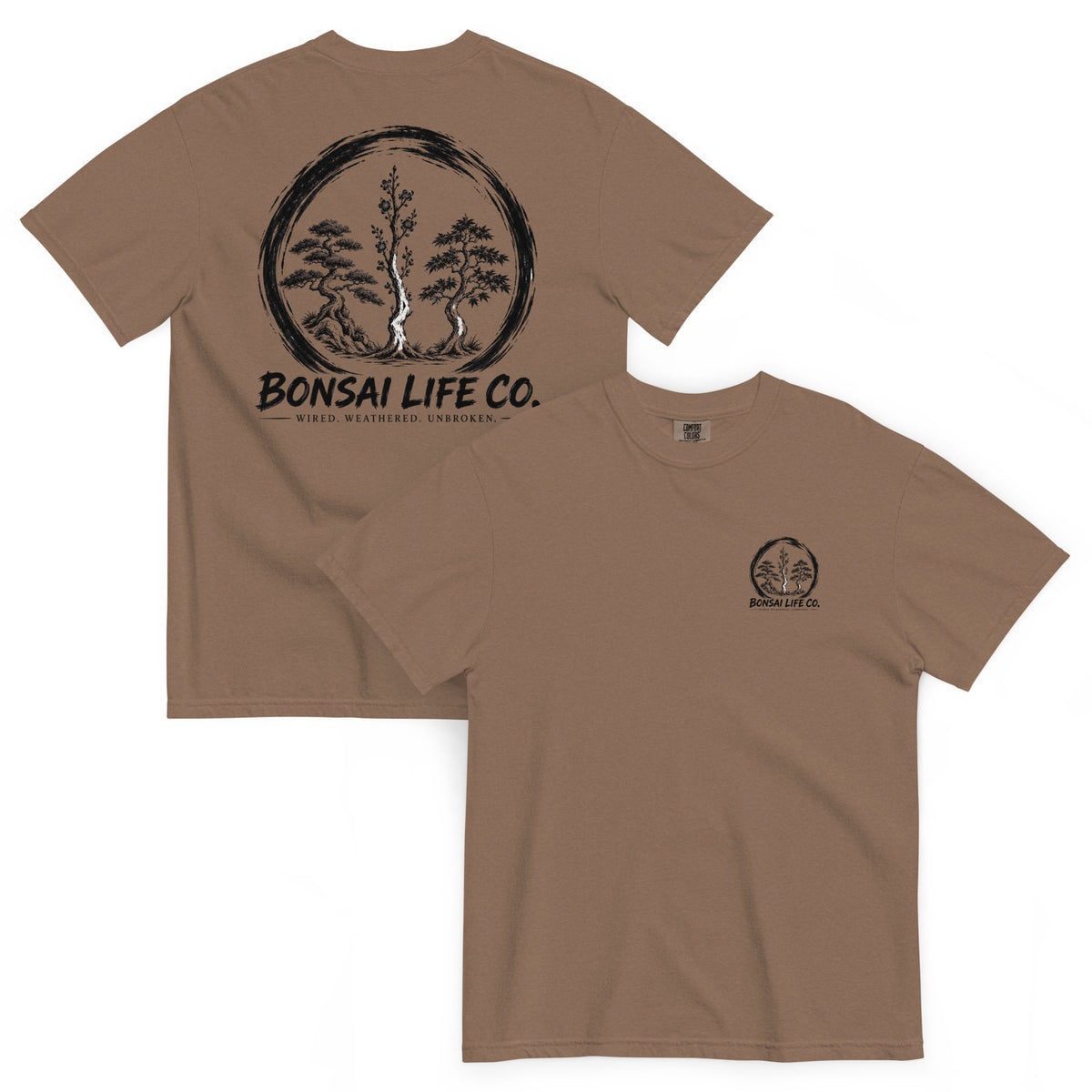 Front and back of brown T-shirt with small circular Three Trees chest logo and large black Three Trees circle and Bonsai Life Co. lettering on back