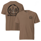 Front and back of brown T-shirt with small circular Three Trees chest logo and large black Three Trees circle and Bonsai Life Co. lettering on back