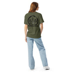 Model showing back of olive green T-shirt with large black Three Trees circle and Bonsai Life Co. lettering