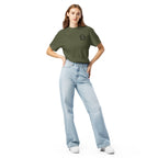 Model wearing olive green T-shirt with small circular Three Trees chest logo, full-length front view