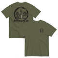 Front and back of olive green T-shirt with small circular Three Trees chest logo and large black Three Trees circle and Bonsai Life Co. lettering on back