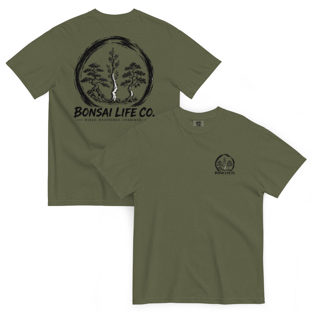 Front and back of olive green T-shirt with small circular Three Trees chest logo and large black Three Trees circle and Bonsai Life Co. lettering on back