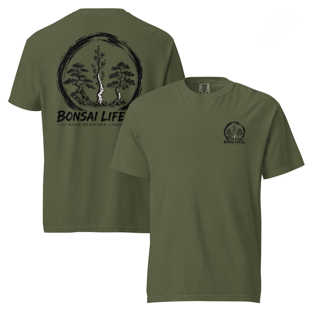 Front and back of olive green T-shirt with small circular Three Trees chest logo and large black Three Trees circle and Bonsai Life Co. lettering on back