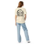 Model showing back of ivory T-shirt with large black Three Trees circle and Bonsai Life Co. lettering