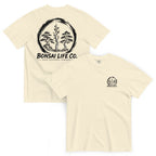 Front and back of ivory T-shirt with small circular Three Trees chest logo and large black Three Trees circle and Bonsai Life Co. lettering on back