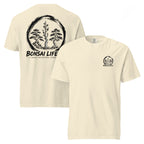 Front and back of ivory T-shirt with small circular Three Trees chest logo and large black Three Trees circle and Bonsai Life Co. lettering on back