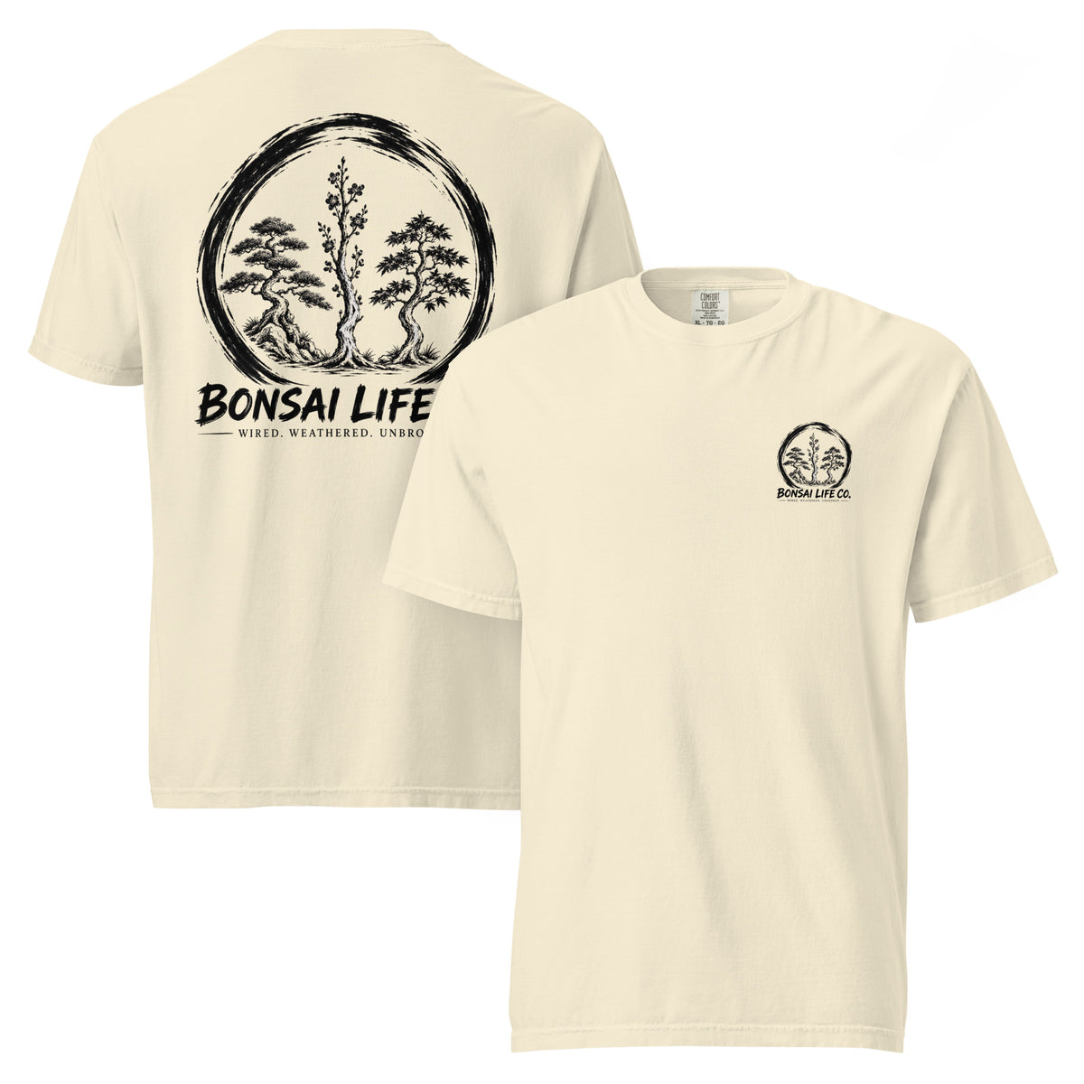 Front and back of ivory T-shirt with small circular Three Trees chest logo and large black Three Trees circle and Bonsai Life Co. lettering on back