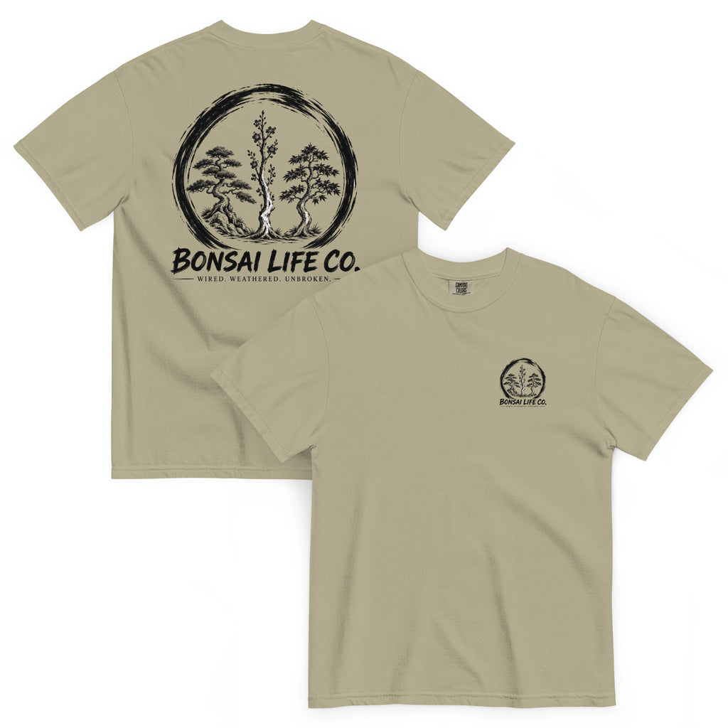 Front and back of khaki beige T-shirt with small circular Three Trees chest logo and large black Three Trees circle and Bonsai Life Co. lettering on back