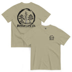 Front and back of khaki beige T-shirt with small circular Three Trees chest logo and large black Three Trees circle and Bonsai Life Co. lettering on back