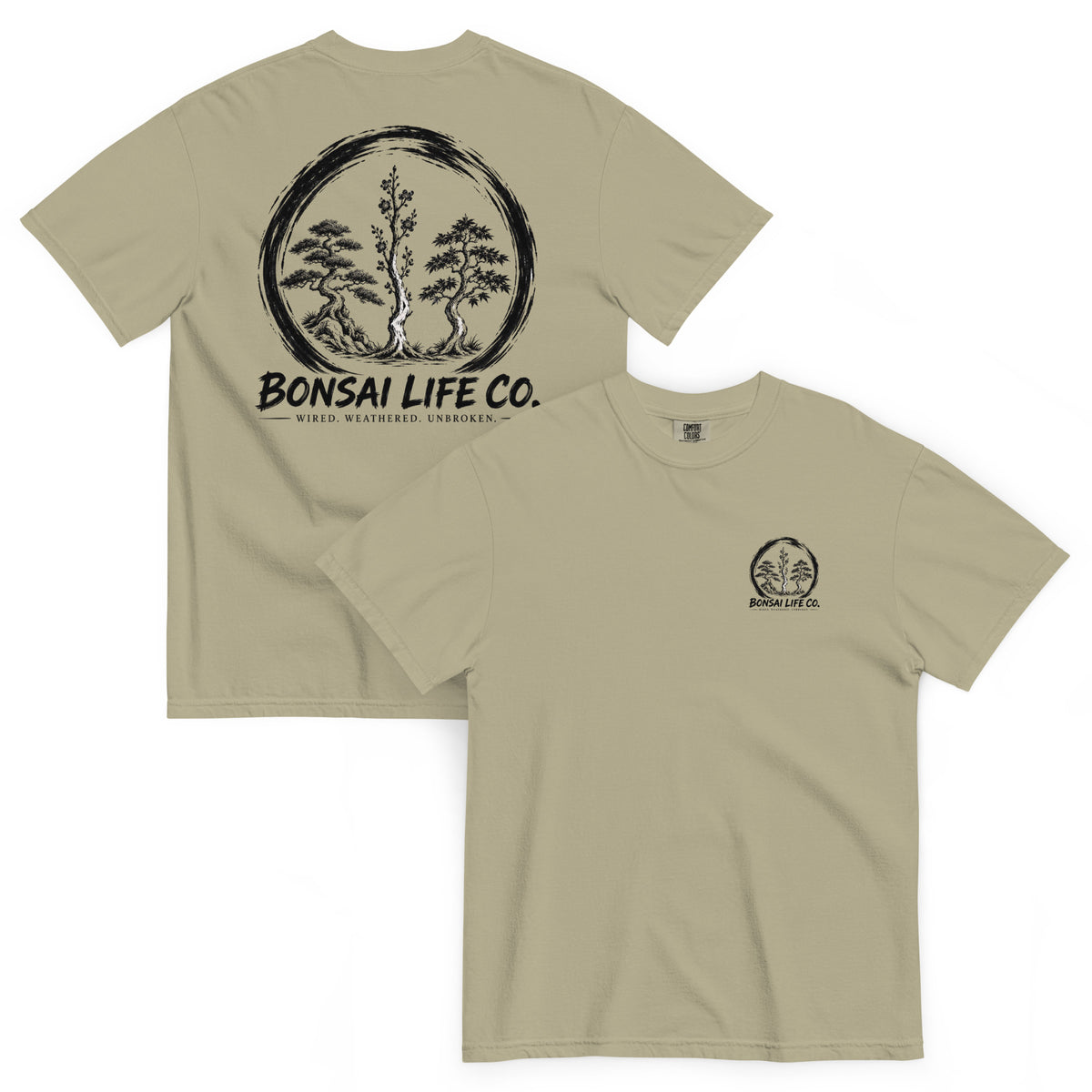 Front and back of khaki beige T-shirt with small circular Three Trees chest logo and large black Three Trees circle and Bonsai Life Co. lettering on back