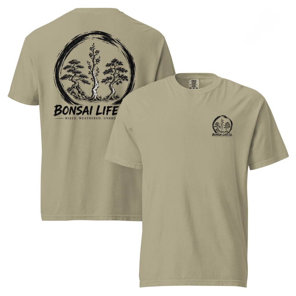 Front and back of khaki beige T-shirt with small circular Three Trees chest logo and large black Three Trees circle and Bonsai Life Co. lettering on back