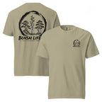 Front and back of khaki beige T-shirt with small circular Three Trees chest logo and large black Three Trees circle and Bonsai Life Co. lettering on back