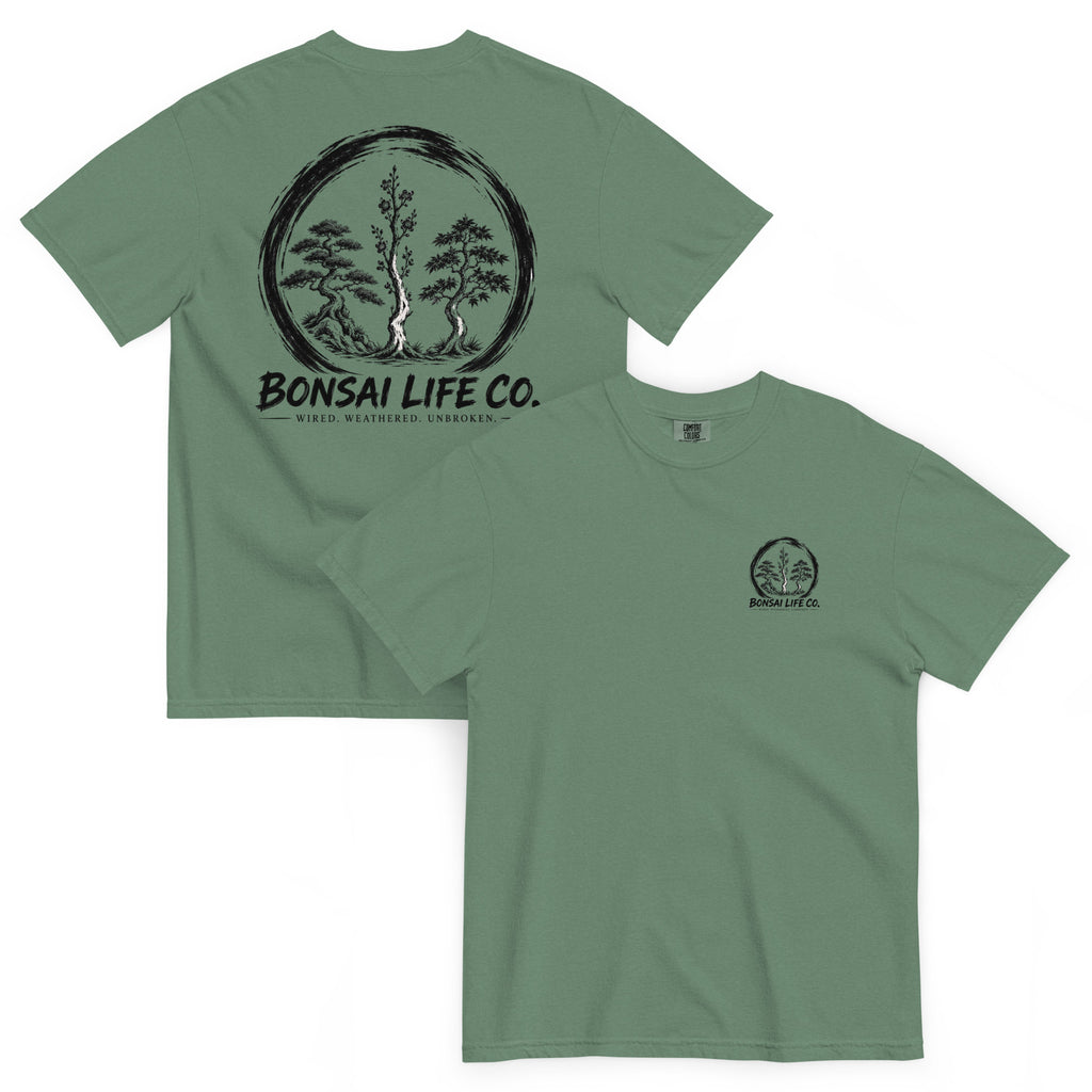 Front and back of sage green T-shirt with small circular Three Trees chest logo and large black Three Trees circle and Bonsai Life Co. lettering on back