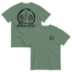 Front and back of sage green T-shirt with small circular Three Trees chest logo and large black Three Trees circle and Bonsai Life Co. lettering on back