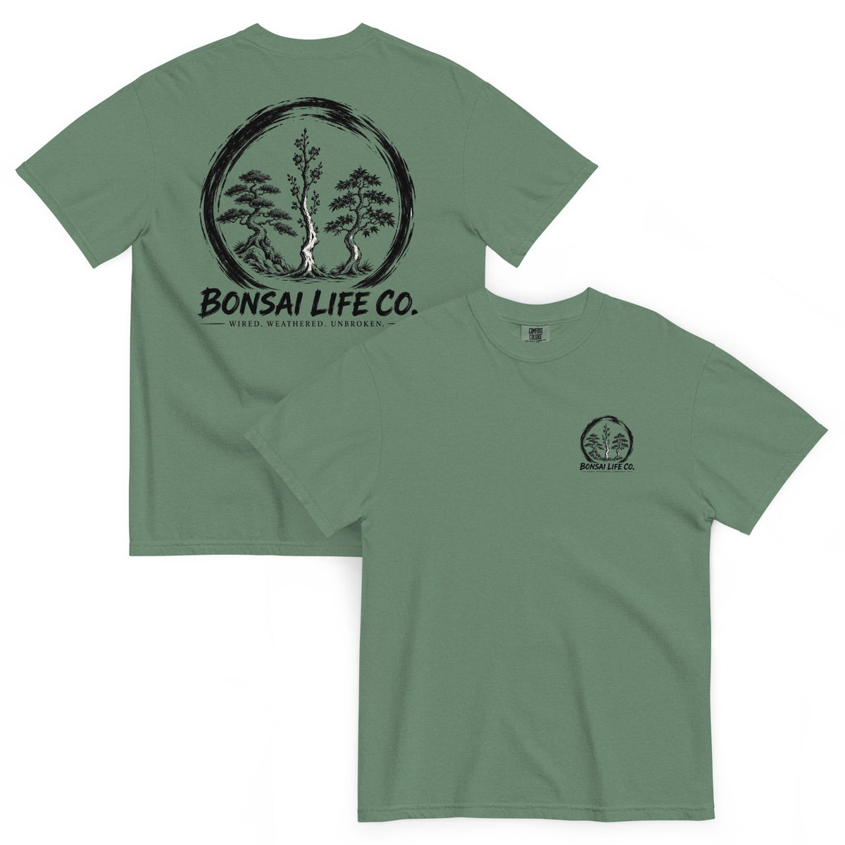 Front and back of sage green T-shirt with small circular Three Trees chest logo and large black Three Trees circle and Bonsai Life Co. lettering on back