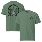 Front and back of sage green T-shirt with small circular Three Trees chest logo and large black Three Trees circle and Bonsai Life Co. lettering on back