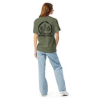 Model showing back of moss green T-shirt with large black Three Trees circle and Bonsai Life Co. lettering