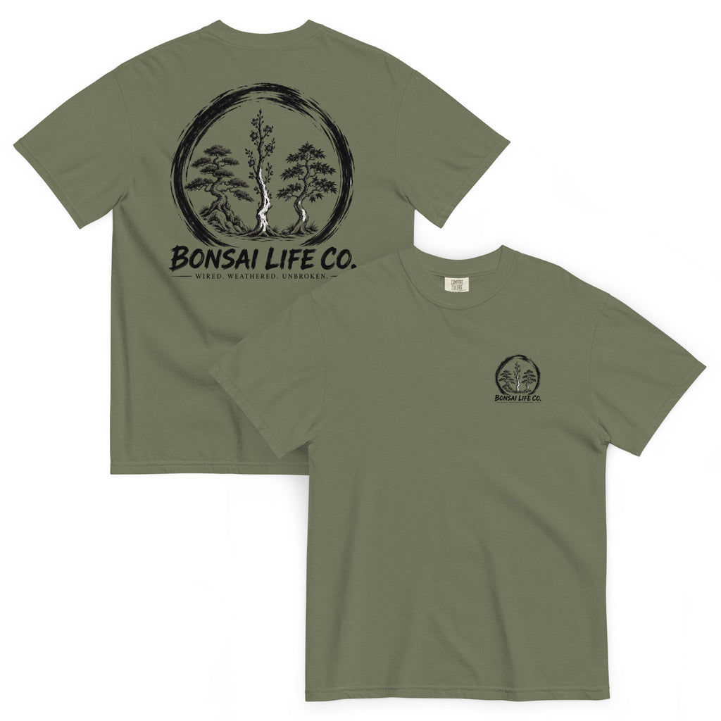 Front and back of moss green T-shirt with small circular Three Trees chest logo and large black Three Trees circle and Bonsai Life Co. lettering on back