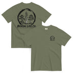 Front and back of moss green T-shirt with small circular Three Trees chest logo and large black Three Trees circle and Bonsai Life Co. lettering on back