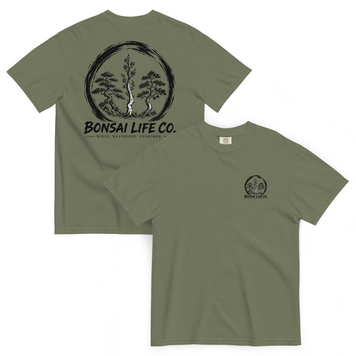 Front and back of moss green T-shirt with small circular Three Trees chest logo and large black Three Trees circle and Bonsai Life Co. lettering on back