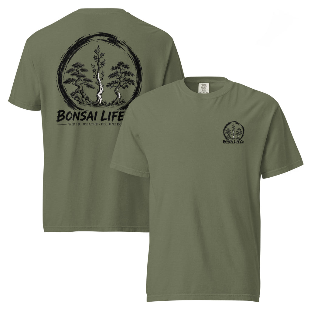Front and back of moss green T-shirt with small circular Three Trees chest logo and large black Three Trees circle and Bonsai Life Co. lettering on back