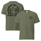 Front and back of moss green T-shirt with small circular Three Trees chest logo and large black Three Trees circle and Bonsai Life Co. lettering on back