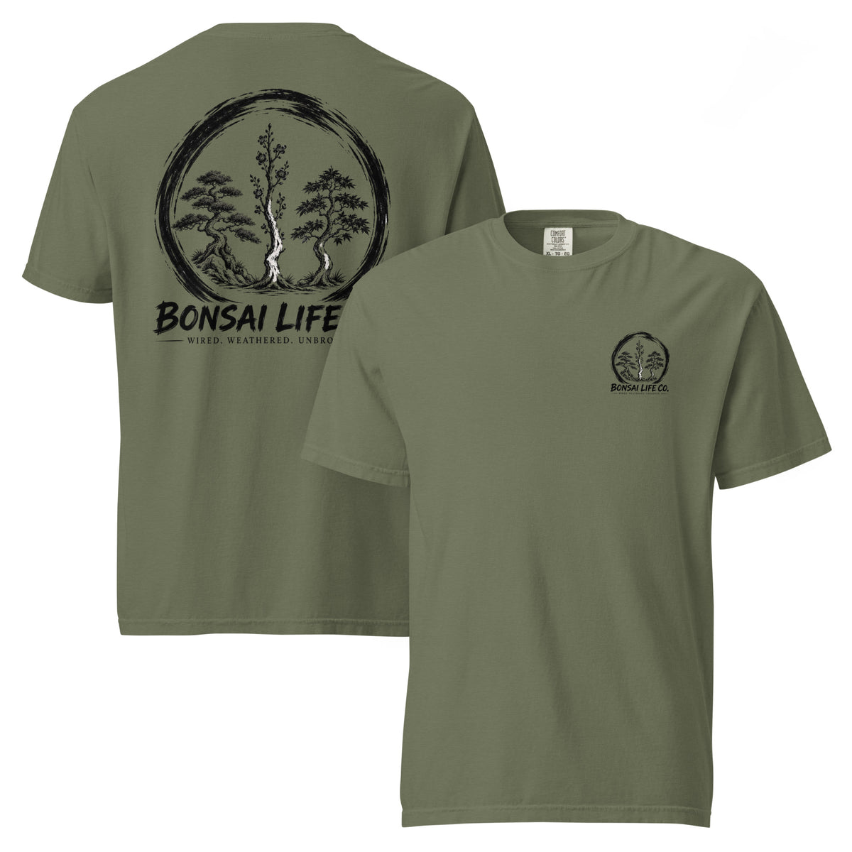 Front and back of moss green T-shirt with small circular Three Trees chest logo and large black Three Trees circle and Bonsai Life Co. lettering on back