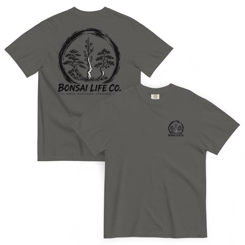 Front and back of washed charcoal gray T-shirt with small circular Three Trees chest logo and large black Three Trees circle and Bonsai Life Co. lettering on back
