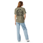 Model showing back of gray-beige T-shirt with large black Three Trees circle and Bonsai Life Co. lettering