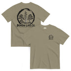 Front and back of gray-beige T-shirt with small circular Three Trees chest logo and large black Three Trees circle and Bonsai Life Co. lettering on back