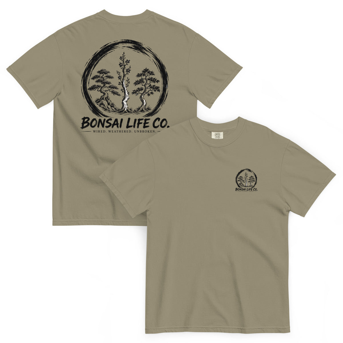 Front and back of gray-beige T-shirt with small circular Three Trees chest logo and large black Three Trees circle and Bonsai Life Co. lettering on back