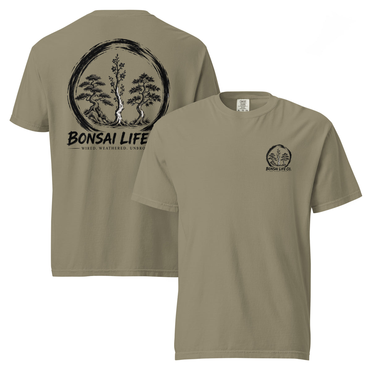 Front and back of gray-beige T-shirt with small circular Three Trees chest logo and large black Three Trees circle and Bonsai Life Co. lettering on back