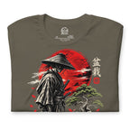 Folded gray-green T-shirt showing samurai beside a green bonsai and red sun with Bonsai Life Co. lettering