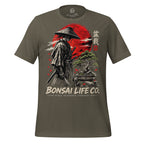 Front of gray-green T-shirt with samurai beside a green bonsai and red sun with Bonsai Life Co. lettering
