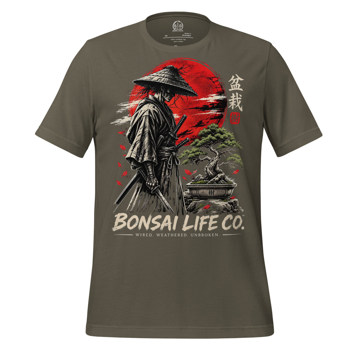 Front of gray-green T-shirt with samurai beside a green bonsai and red sun with Bonsai Life Co. lettering