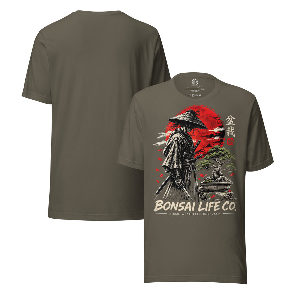 Front and plain back of gray-green T-shirt with samurai beside a green bonsai and red sun with Bonsai Life Co. lettering on front