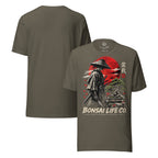 Front and plain back of gray-green T-shirt with samurai beside a green bonsai and red sun with Bonsai Life Co. lettering on front
