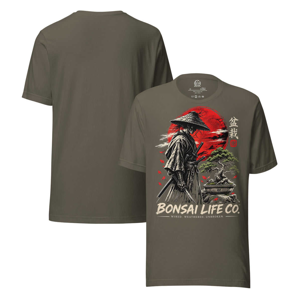 Front and plain back of gray-green T-shirt with samurai beside a green bonsai and red sun with Bonsai Life Co. lettering on front