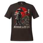 Front of dark brown T-shirt with samurai beside a green bonsai and red sun with Bonsai Life Co. lettering