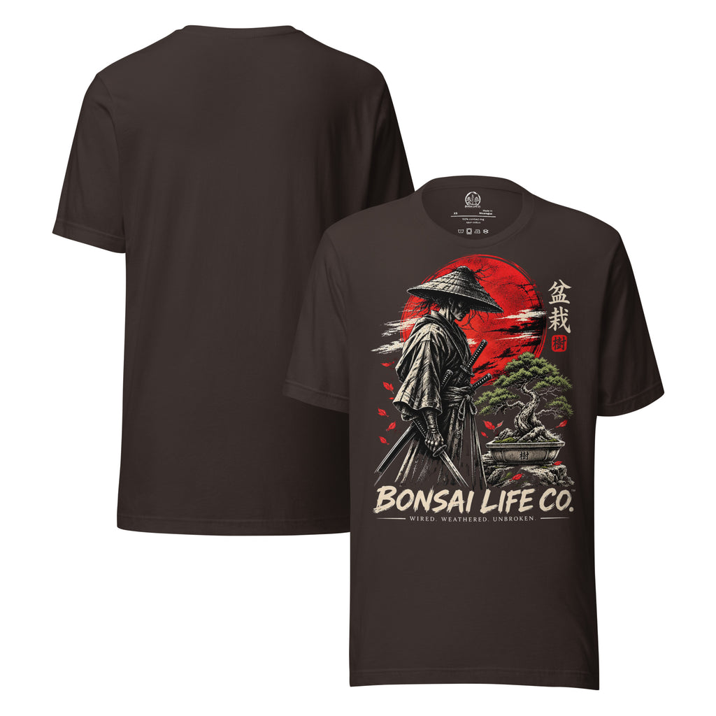 Front and plain back of dark brown T-shirt with samurai beside a green bonsai and red sun with Bonsai Life Co. lettering on front