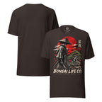 Front and plain back of dark brown T-shirt with samurai beside a green bonsai and red sun with Bonsai Life Co. lettering on front