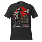 Front of dark gray T-shirt with samurai beside a green bonsai and red sun with Bonsai Life Co. lettering