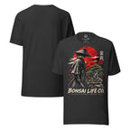 Front and plain back of dark gray T-shirt with samurai beside a green bonsai and red sun with Bonsai Life Co. lettering on front