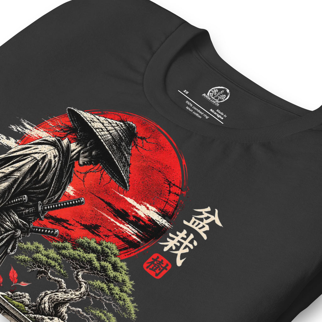 Close-up of samurai beside a green bonsai and red sun with Bonsai Life Co. lettering on dark gray T-shirt
