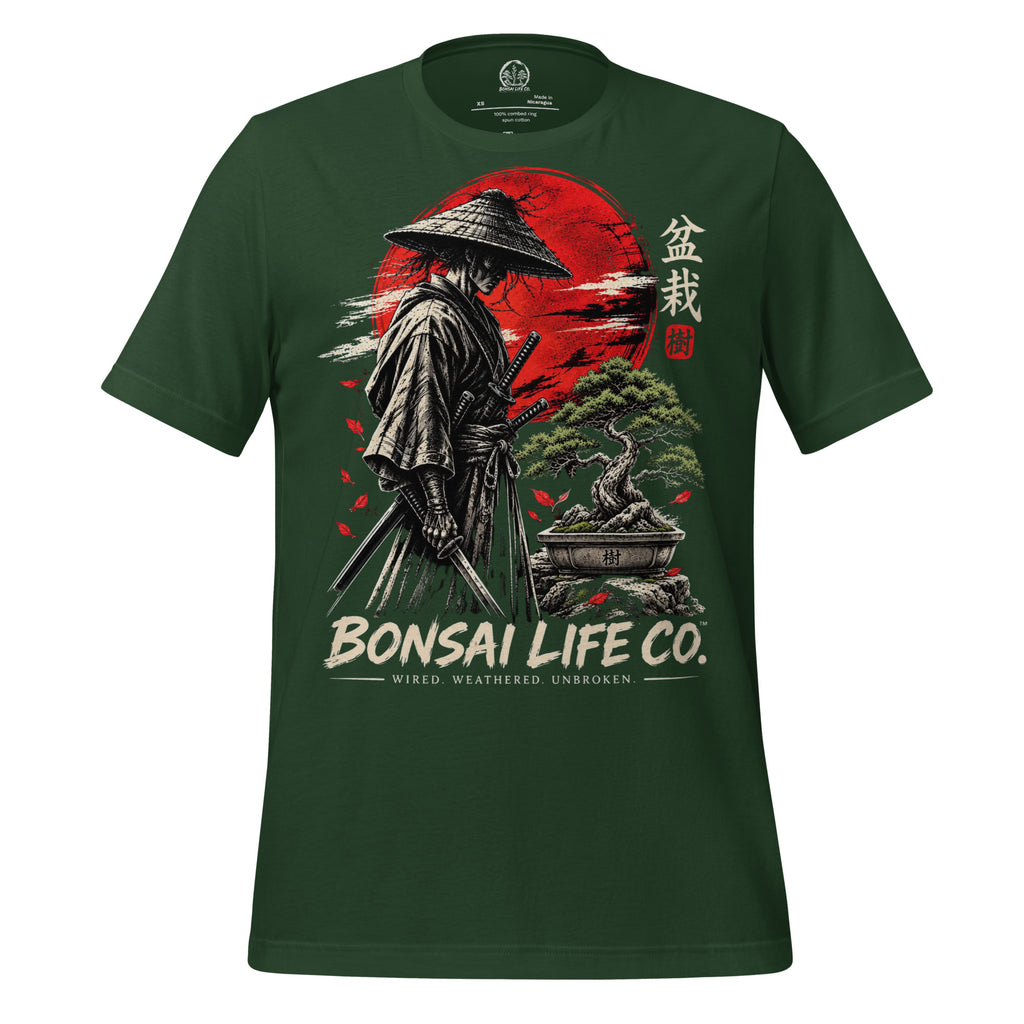 Front of forest green T-shirt with samurai beside a green bonsai and red sun with Bonsai Life Co. lettering