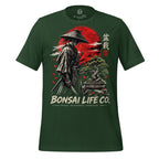 Front of forest green T-shirt with samurai beside a green bonsai and red sun with Bonsai Life Co. lettering