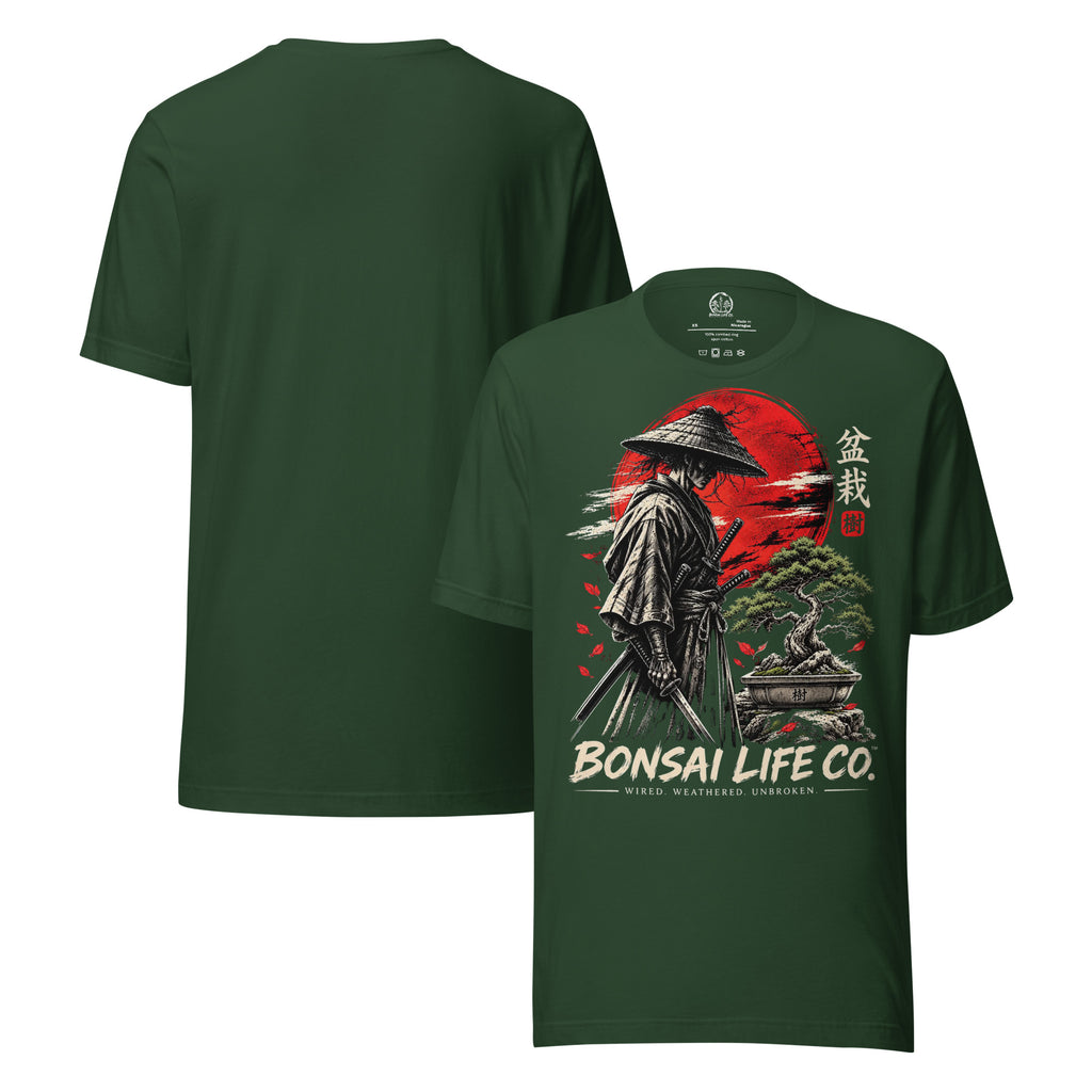 Front and plain back of forest green T-shirt with samurai beside a green bonsai and red sun with Bonsai Life Co. lettering on front